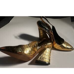 Jessica Simpson Gold Metallic Heels Size 6 Croc Embossed Slingback Prom Formal